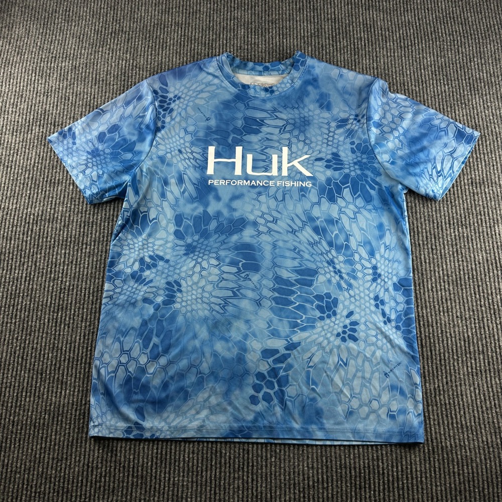 Huk Performance Fishing Shirt Mens Medium Blue Kryptek Camo Short Sleeve Tee